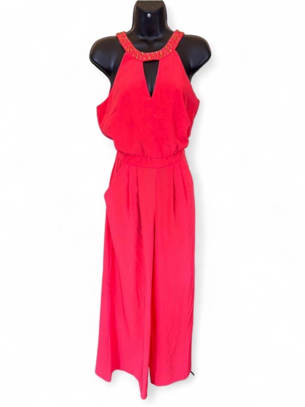 Vince Camuto Red Halter Jumpsuit with Embellished Neckline